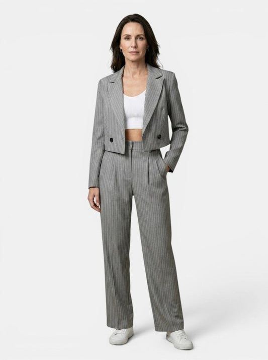 Women's Pinstripe Suit | Tailored Cropped Blazer and Wide Leg Trousers - Velshara store