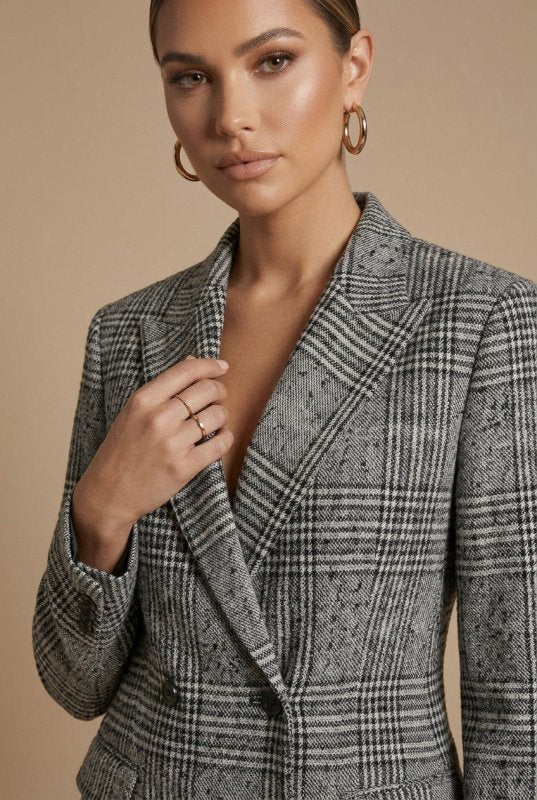Women's Plaid Fabric Suit Set | Structured Double - Breasted Blazer and Straight Leg Pants - Velshara store
