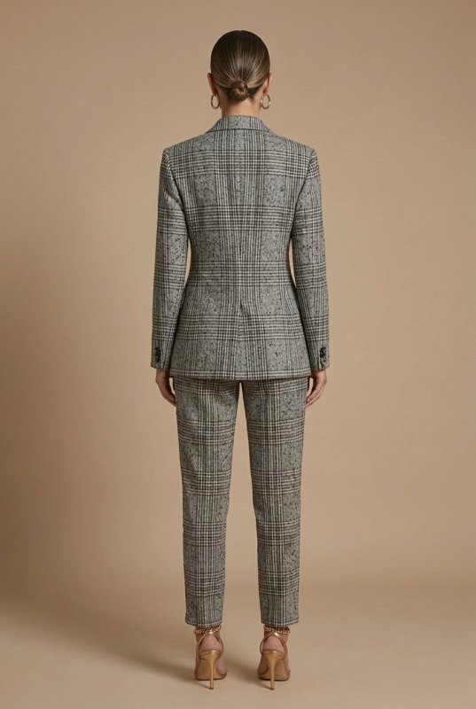 Women's Plaid Fabric Suit Set | Structured Double - Breasted Blazer and Straight Leg Pants - Velshara store