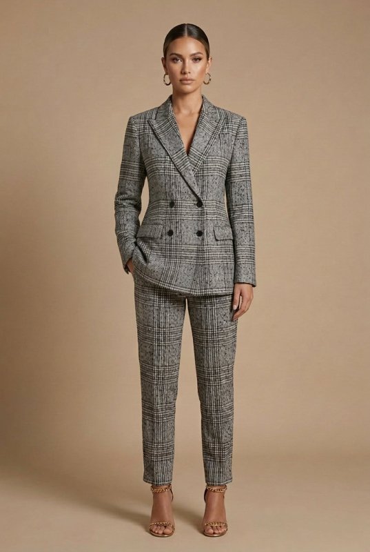 Women's Plaid Fabric Suit Set | Structured Double - Breasted Blazer and Straight Leg Pants - Velshara store