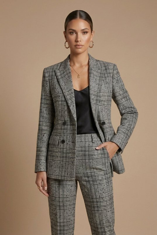 Women's Plaid Fabric Suit Set | Structured Double - Breasted Blazer and Straight Leg Pants - Velshara store
