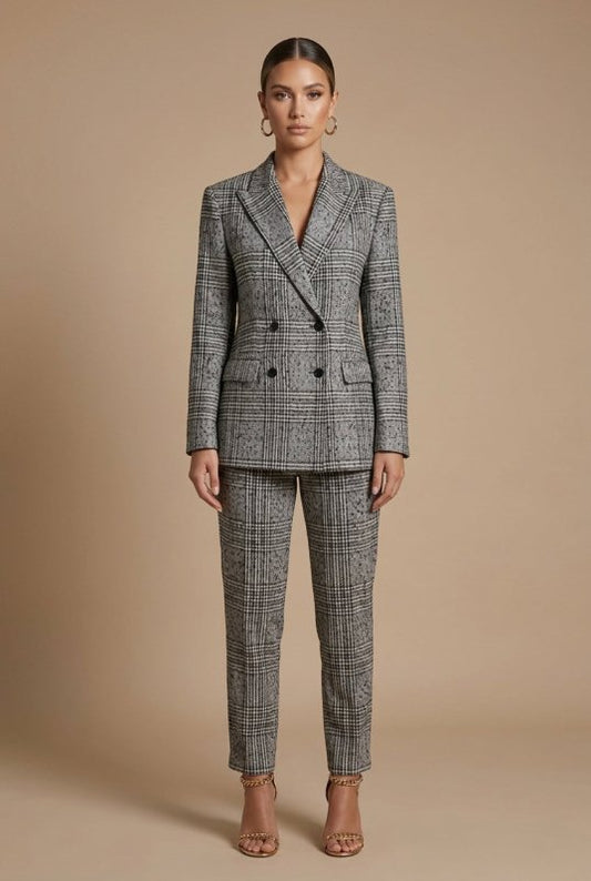 Women's Plaid Fabric Suit Set | Structured Double - Breasted Blazer and Straight Leg Pants - Velshara store
