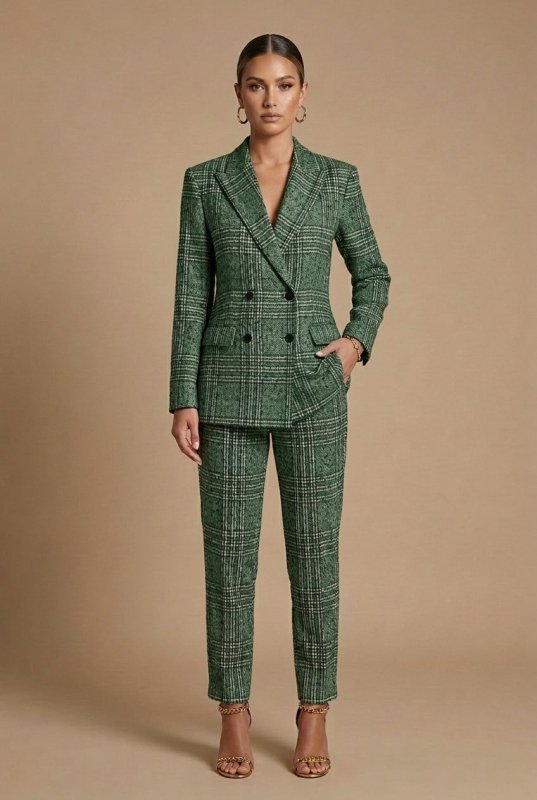 Women's Plaid Fabric Suit Set | Structured Double - Breasted Blazer and Straight Leg Pants - Velshara store