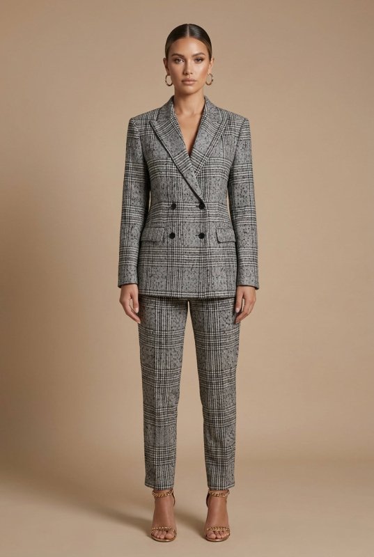 Women's Plaid Suit Set | Stylish Double - Breasted Blazer and Straight Leg Pants - Velshara store