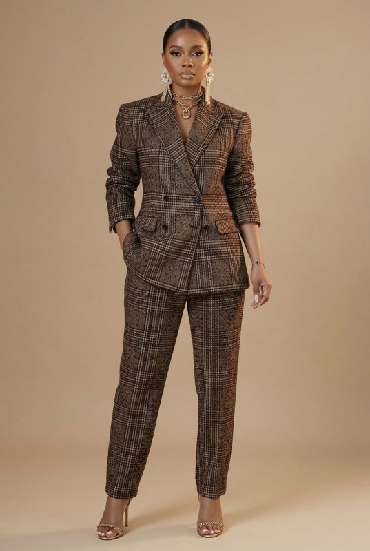 Women's Plaid Suit Set | Stylish Double - Breasted Blazer and Straight Leg Pants - Velshara store