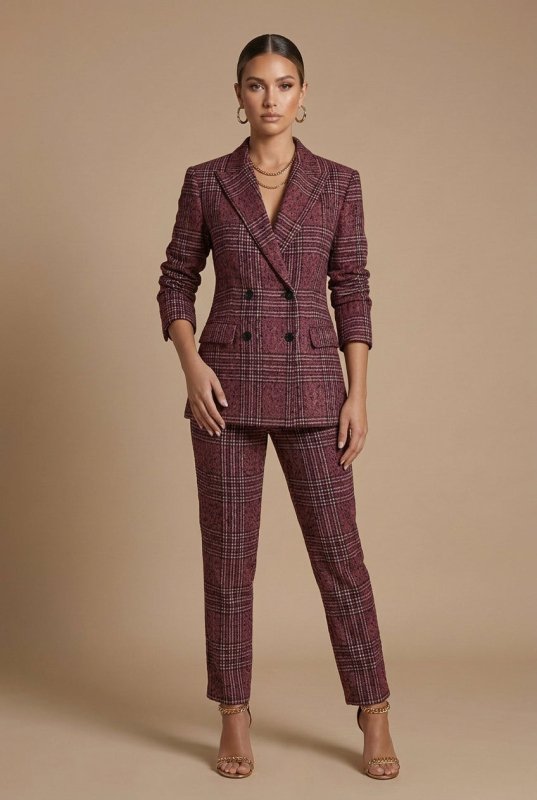 Women's Plaid Suit Set | Stylish Double - Breasted Blazer and Straight Leg Pants - Velshara store