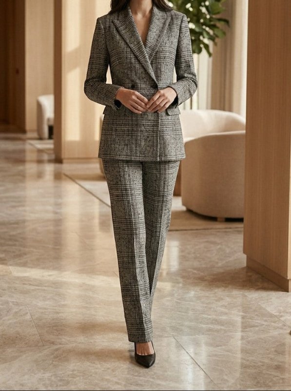 Women's Plaid Suit Set | Stylish Double - Breasted Blazer and Straight Leg Pants - Velshara store