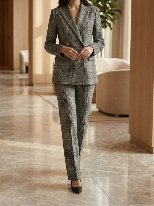 Women's Plaid Suit Set | Stylish Double - Breasted Blazer and Straight Leg Pants - Velshara store