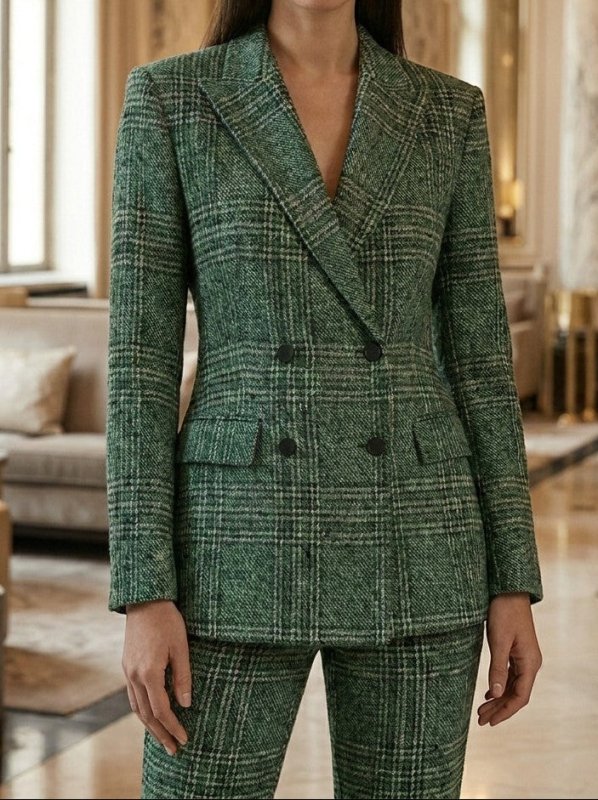 Women's Plaid Suit Set | Stylish Double - Breasted Blazer and Straight Leg Pants - Velshara store