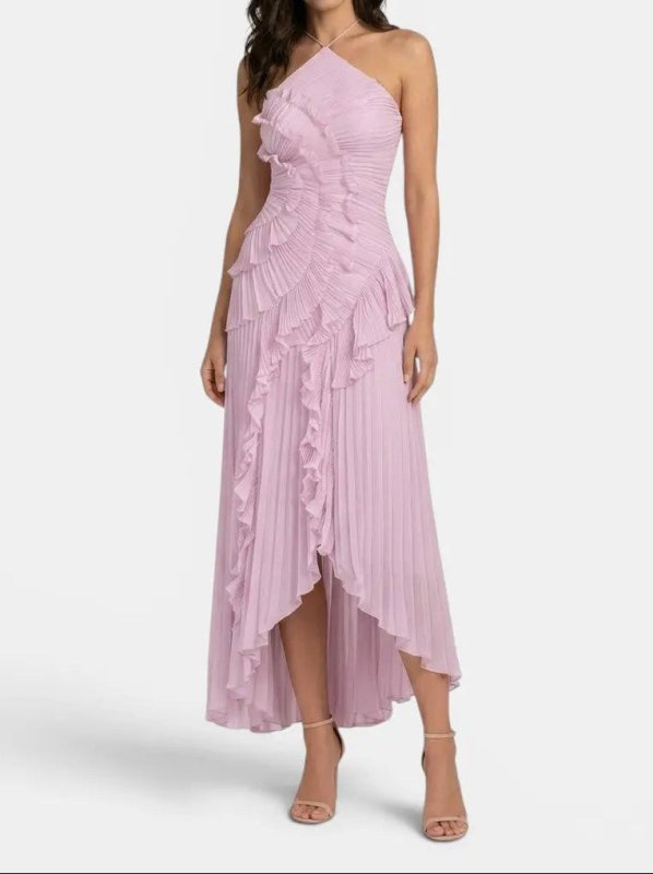 Women's Pleated Fabric Maxi Dress | Elegant Ruffled Halter Summer Gown - Velshara store