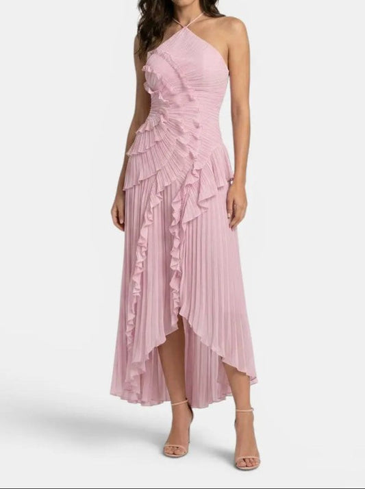 Women's Pleated Fabric Maxi Dress | Elegant Ruffled Halter Summer Gown - Velshara store