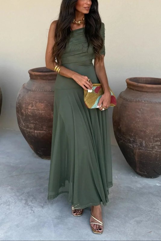 Women's Pleated Polyester Maxi Dress | Flowing Asymmetrical Summer Gown - Velshara store