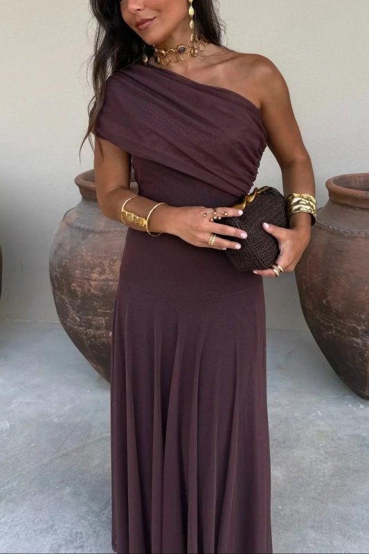 Women's Pleated Polyester Maxi Dress | Flowing Asymmetrical Summer Gown - Velshara store