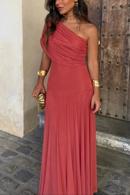 Women's Pleated Polyester Maxi Dress | Flowing Asymmetrical Summer Gown - Velshara store
