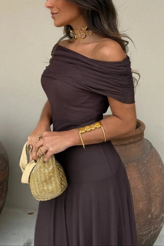 Women's Pleated Polyester Maxi Dress | Flowing Asymmetrical Summer Gown - Velshara store
