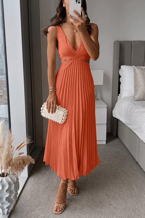 Women's Pleated Polyester Midi Dress | Elegant Flowing V - Neck Summer Dress - Velshara store