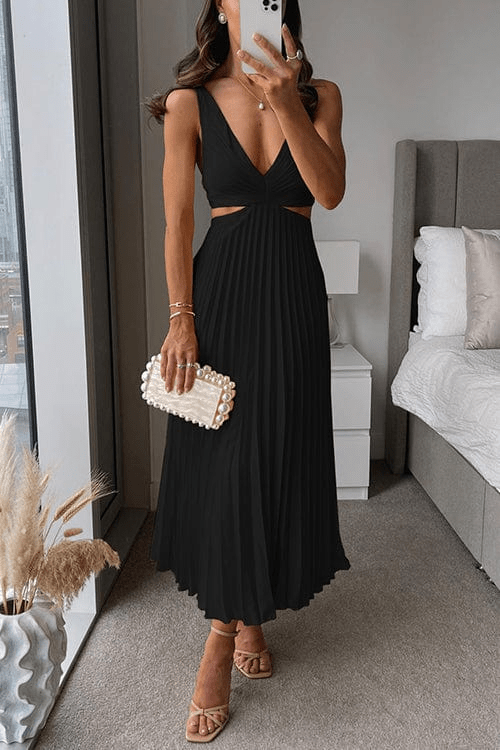 Women's Pleated Polyester Midi Dress | Elegant Flowing V - Neck Summer Dress - Velshara store