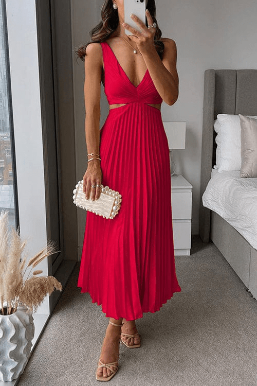 Women's Pleated Polyester Midi Dress | Elegant Flowing V - Neck Summer Dress - Velshara store