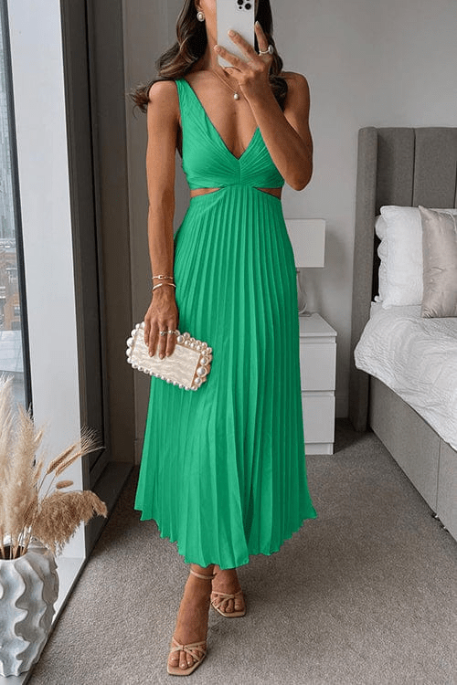 Women's Pleated Polyester Midi Dress | Elegant Flowing V - Neck Summer Dress - Velshara store
