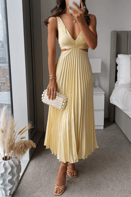 Women's Pleated Polyester Midi Dress | Elegant Flowing V - Neck Summer Dress - Velshara store
