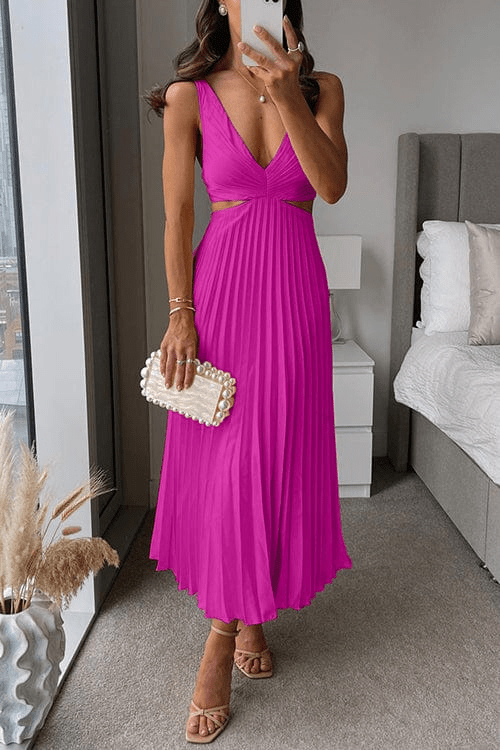 Women's Pleated Polyester Midi Dress | Elegant Flowing V - Neck Summer Dress - Velshara store