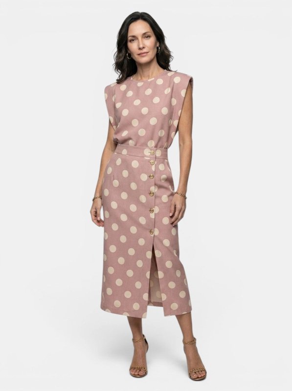 Women's Polka Dot Print Two Piece Set | Tailored Sleeveless Top and High - Waist Midi Skirt - Velshara store