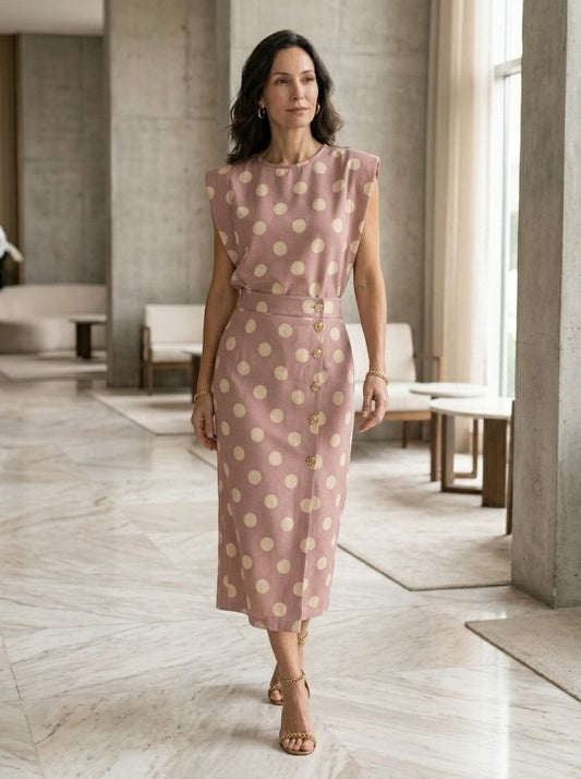 Women's Polka Dot Print Two Piece Set | Tailored Sleeveless Top and High - Waist Midi Skirt - Velshara store
