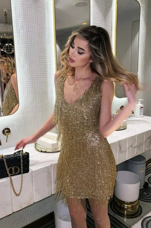 Women's Polyester Sequin Cocktail Dress | Eye - Catching Short Fringe Evening Gown - Velshara store