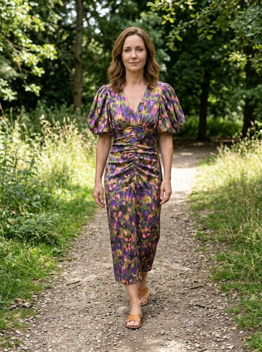 Women's Printed Midi Dress | Elegant Puff Sleeve Design for Summer - Velshara store