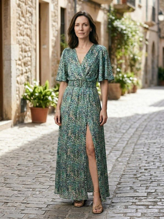 Women's Rayon Maxi Dress | Elegant V - Neck Split Hem Summer Dress - Velshara store