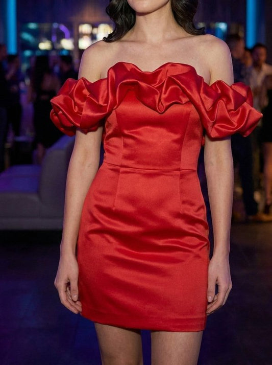 Women's Satin Off - Shoulder Mini Dress | Elegant Ruffled Cocktail Wear for Summer - Velshara store