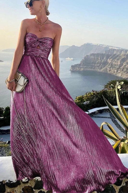 Women's Shiny Fabric Maxi Dress | Elegant Strapless Pleated Evening Gown - Velshara store