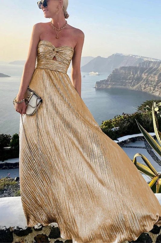 Women's Shiny Fabric Maxi Dress | Elegant Strapless Pleated Evening Gown - Velshara store