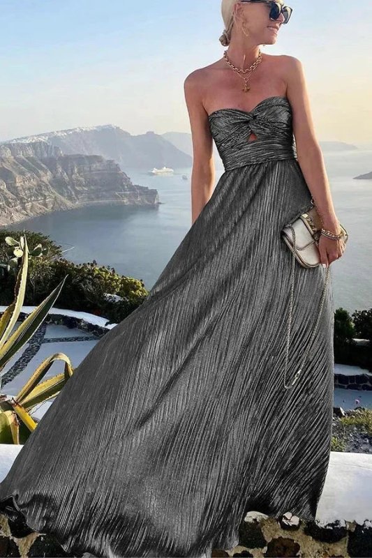 Women's Shiny Fabric Maxi Dress | Elegant Strapless Pleated Evening Gown - Velshara store