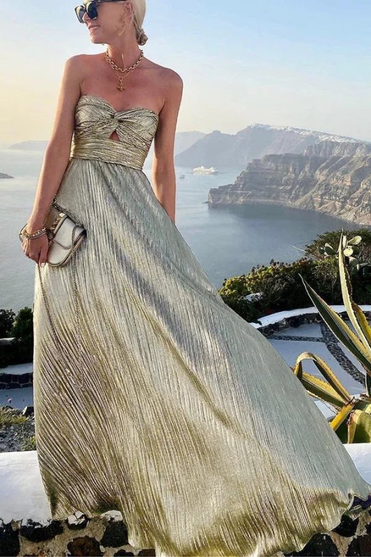 Women's Shiny Fabric Maxi Dress | Elegant Strapless Pleated Evening Gown - Velshara store