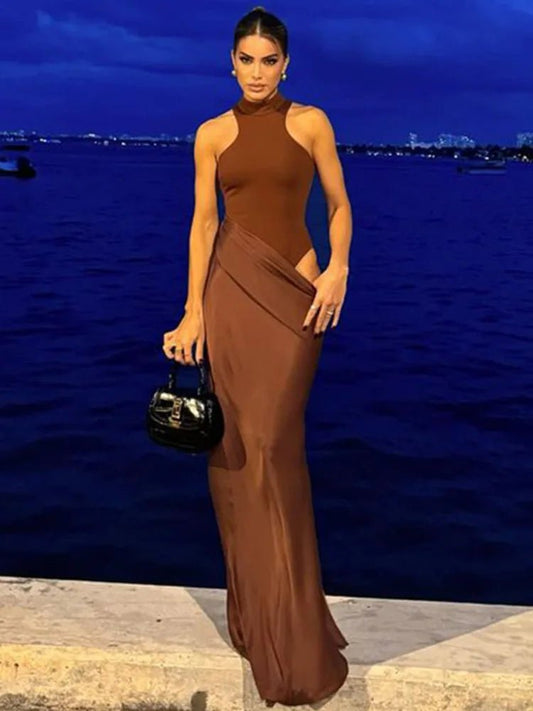 Women’s Sleeveless Satin Maxi Dress – High Waist Design - Velshara store
