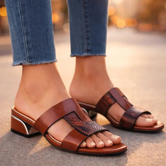 Women's Smooth Leather T - Strap Sandals | Elegant Snake Print Design | Stylish Casual Footwear - Velshara store