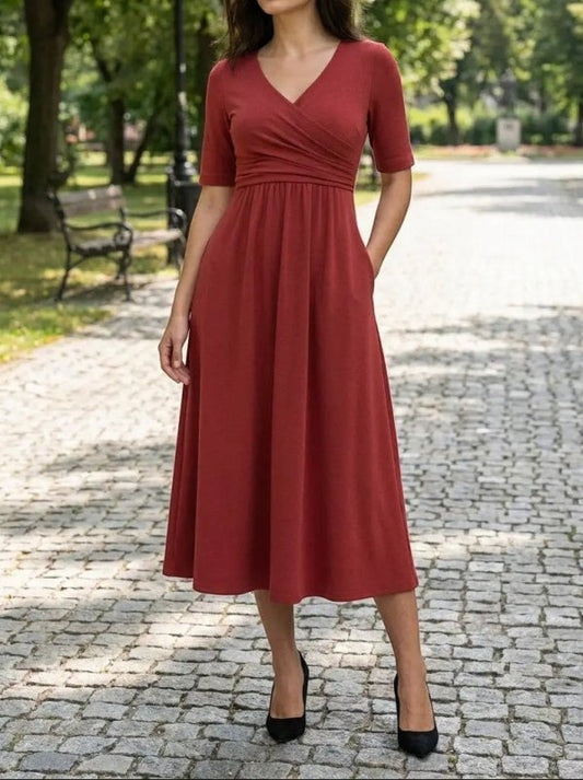 Women's Smooth Midi Dress | Flattering Wrap - Style with Pockets - Velshara store
