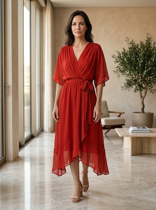 Women's Soft Draped Midi Dress | Elegant V - Neck Wrap Cocktail Dress - Velshara store