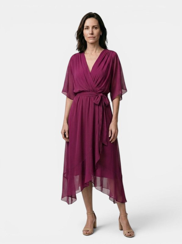 Women's Soft Draped Midi Dress | Elegant V - Neck Wrap Cocktail Dress - Velshara store