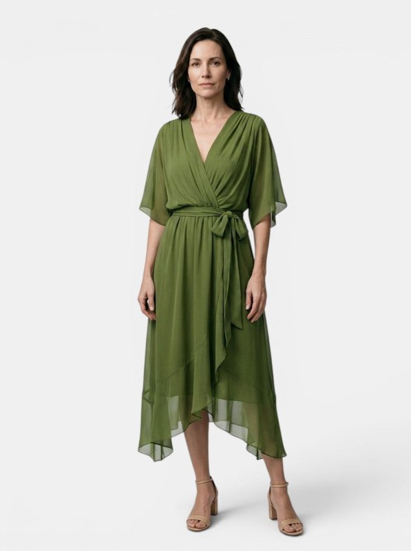 Women's Soft Draped Midi Dress | Elegant V - Neck Wrap Cocktail Dress - Velshara store