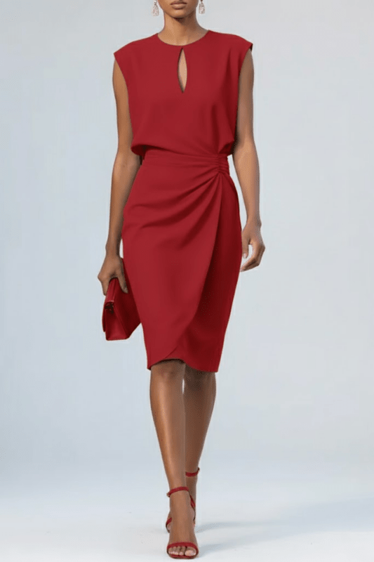 Women's Soft Fabric Midi Dress | Elegant Keyhole Neck Cocktail Dress with Ruched Waist - Velshara store