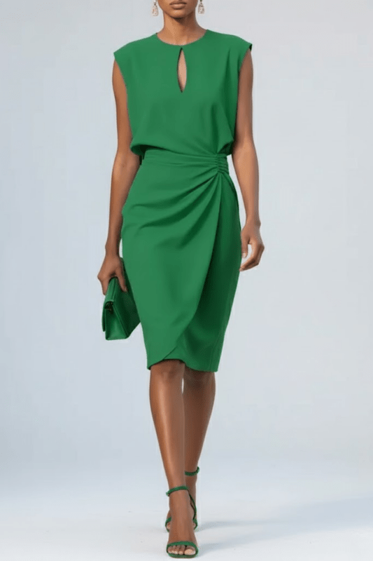Women's Soft Fabric Midi Dress | Elegant Keyhole Neck Cocktail Dress with Ruched Waist - Velshara store