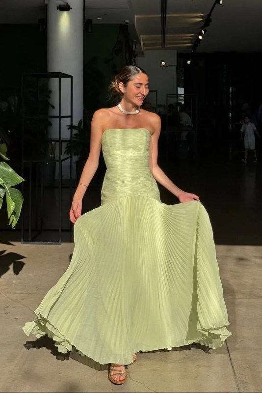 Women's Soft Pleated Maxi Dress | Elegant Flowing Green Summer Gown - Velshara store