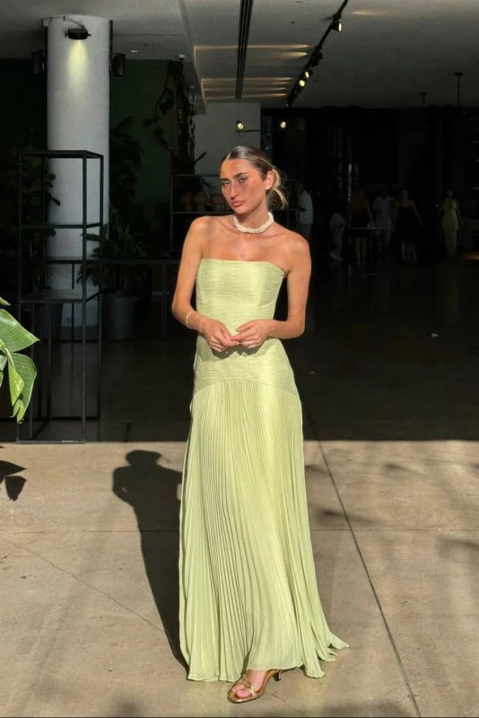 Women's Soft Pleated Maxi Dress | Elegant Flowing Green Summer Gown - Velshara store
