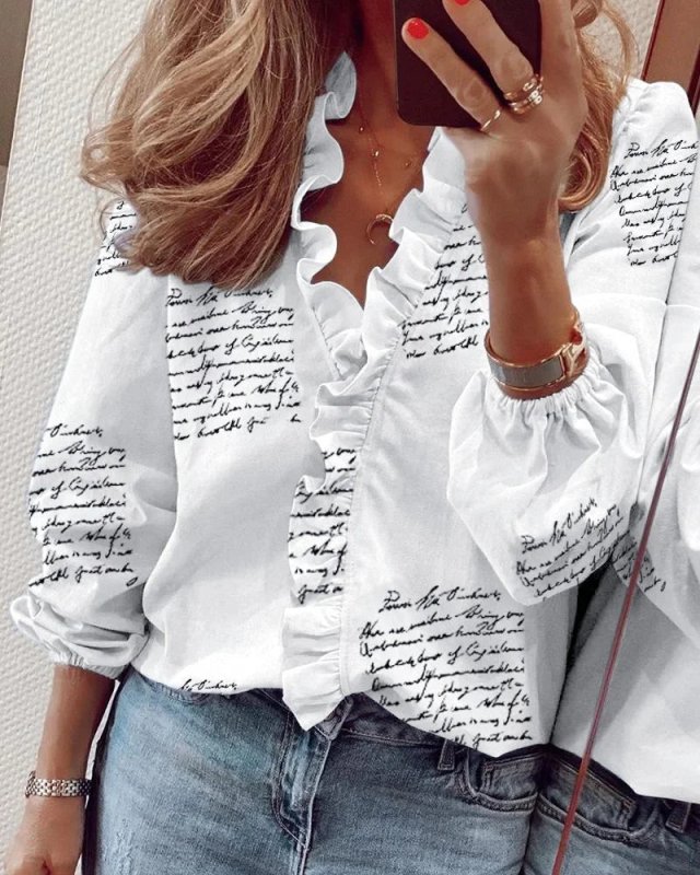 Women's Soft Polyester Blouse | Romantic Ruffled Neckline Long Sleeve Summer Top - Velshara store