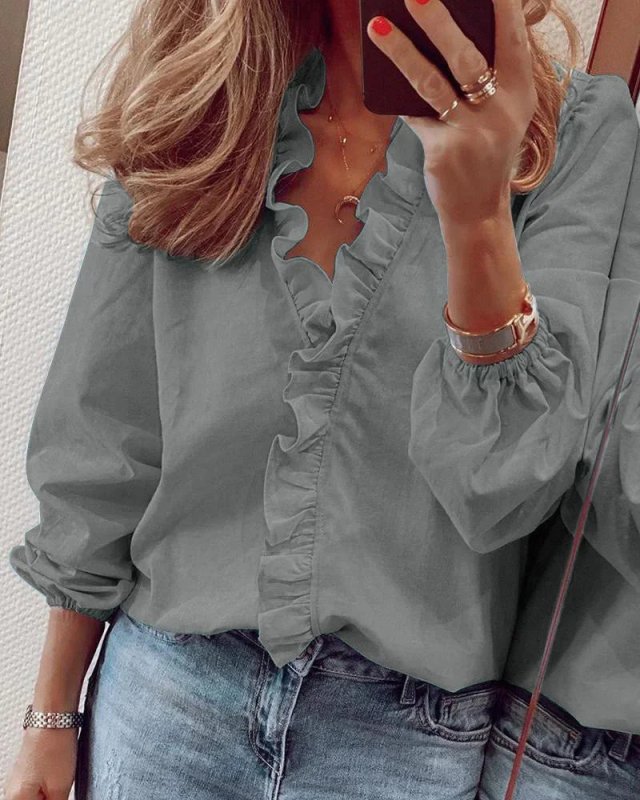 Women's Soft Polyester Blouse | Romantic Ruffled Neckline Long Sleeve Summer Top - Velshara store