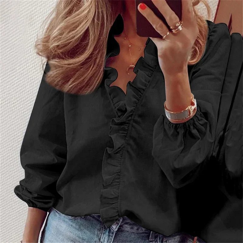 Women's Soft Polyester Blouse | Romantic Ruffled Neckline Long Sleeve Summer Top - Velshara store