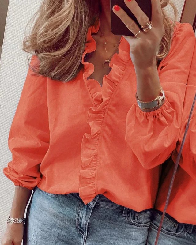 Women's Soft Polyester Blouse | Romantic Ruffled Neckline Long Sleeve Summer Top - Velshara store
