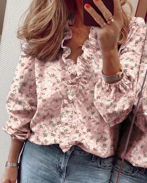Women's Soft Polyester Blouse | Romantic Ruffled Neckline Long Sleeve Summer Top - Velshara store